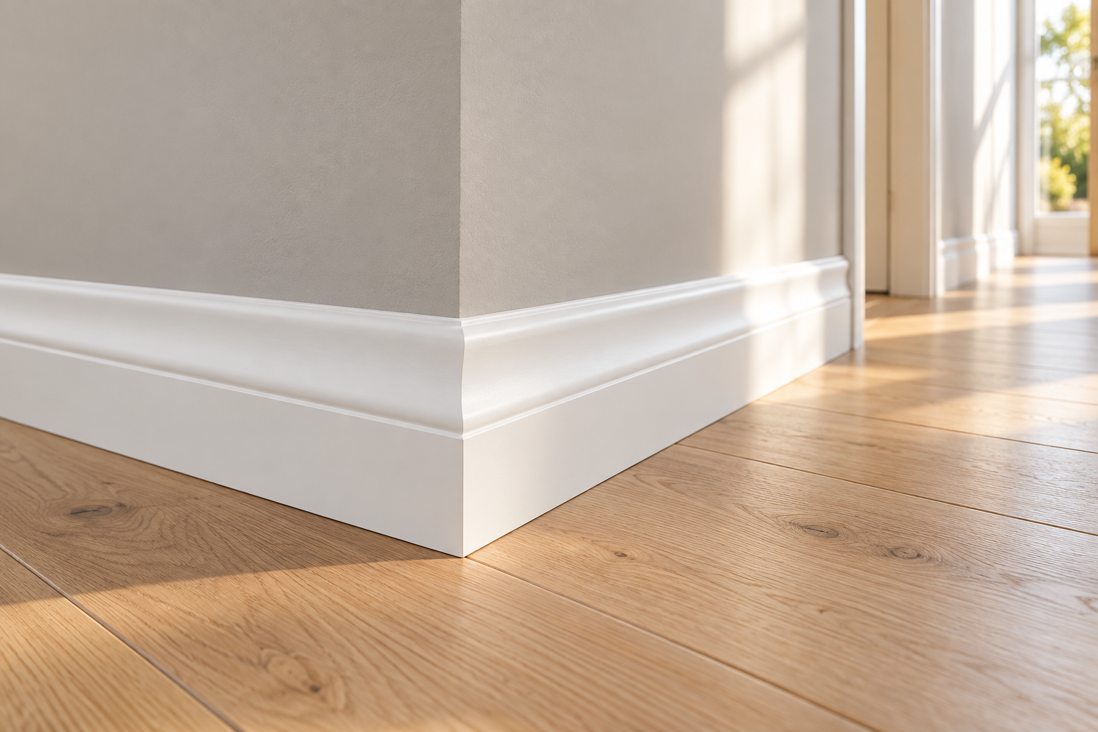 Illustration of white Lambs Tongue skirting installed around a wall corner beside oak flooring